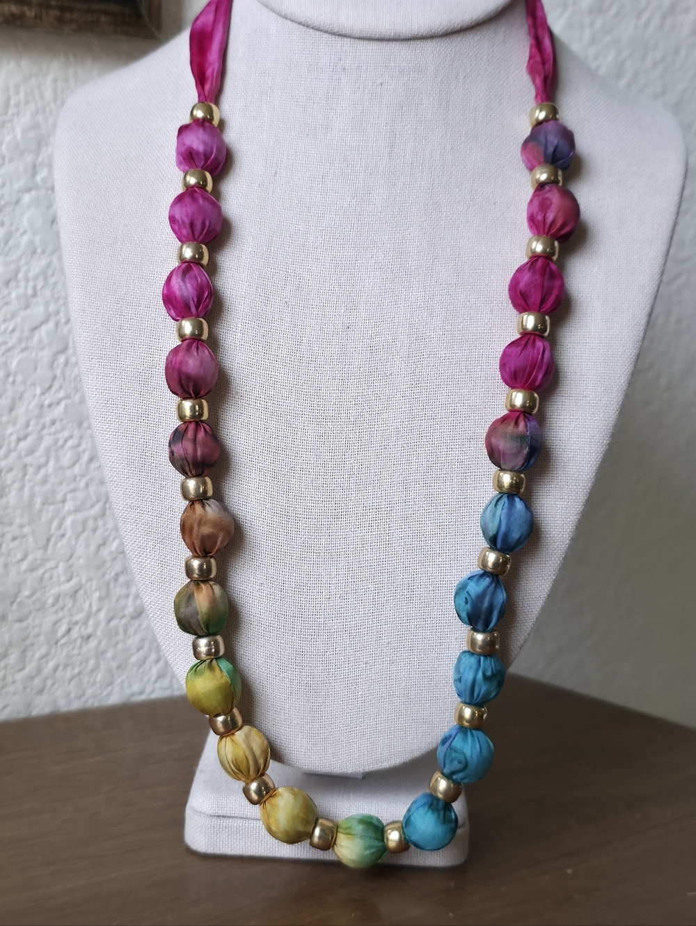 Tie Dye Rainbow Multicolor Silk Bead Necklace with Gold Tone Accents